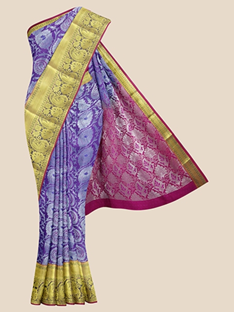Kalamandir Purple & Silver Floral Kanjeevaram Saree