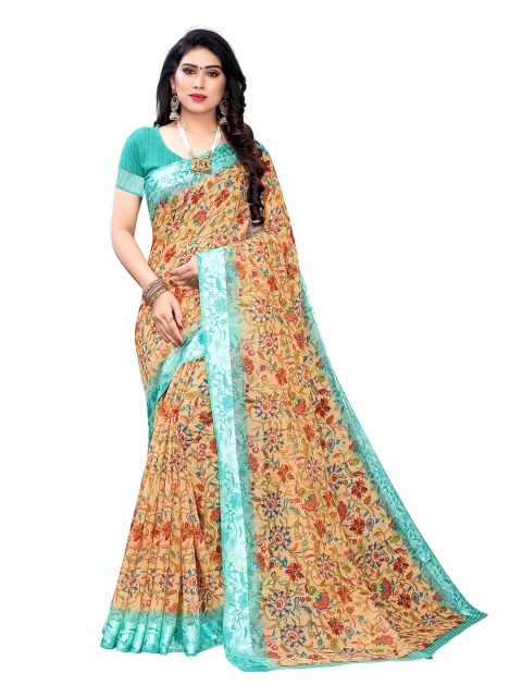 KALINI Mustard & Turquoise Blue Floral Pure Linen Saree