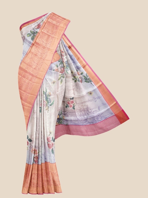 Kalamandir White & Coral Orange Ethnic Motifs Silk Blend Banarasi Saree