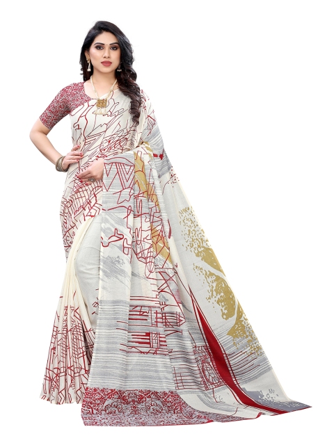 KALINI Red & White Pure Linen Abstract Printed Saree