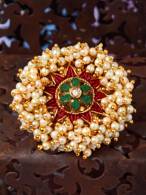 Shining Diva Gold-Plated Cream-Coloured & Red Pearl Meenakari Adjustable Finger Ring