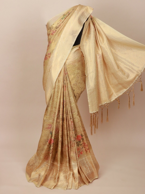 Pothys Cream-Coloured & Pink Ethnic Motifs Zari Art Silk Banarasi Saree
