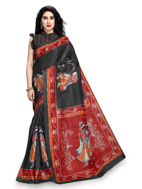 KALINI Black & Red Abstract Printed Art Silk Saree