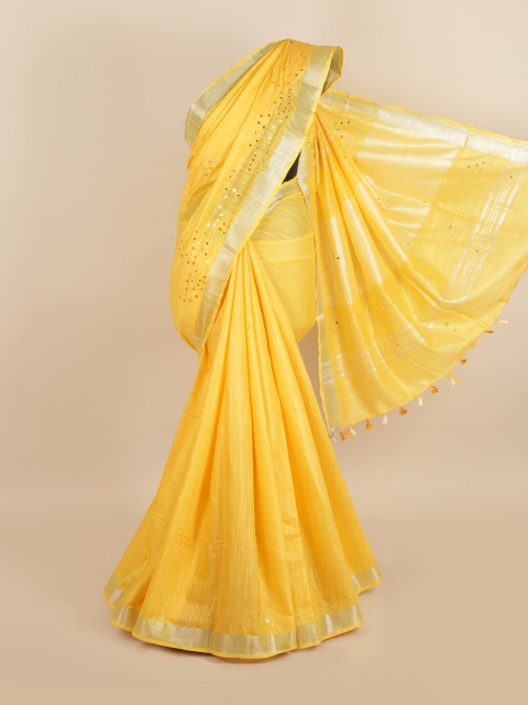 Pothys Yellow & Silver-Toned Embellished Mirror Work Linen Blend Saree