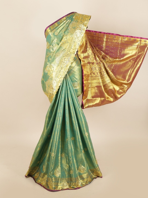 Pothys Green & Gold-Toned Embellished Beads and Stones Art Silk Saree