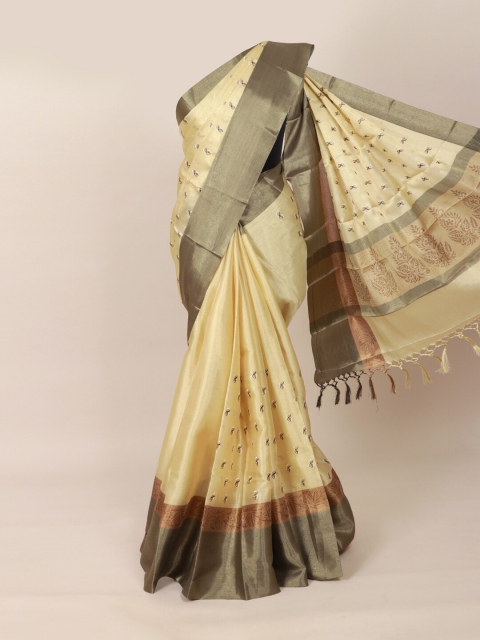 Pothys Cream-Coloured & Grey Ethnic Motifs Tissue Saree