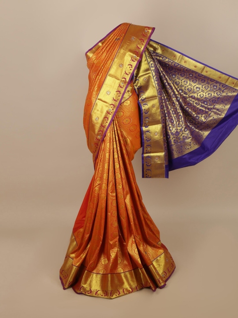 Pothys Orange & Blue Woven Design Zari Silk Blend Saree