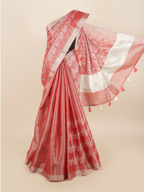 Pothys Red & Off White Floral Mirror Work Tissue Saree
Pothys Red & Off White Floral Mirror Work Tissue Saree