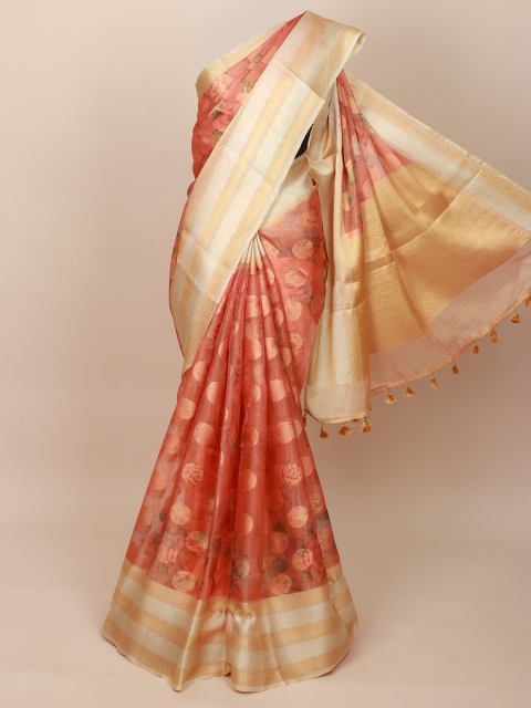 Pothys Peach-Coloured & Gold-Toned Zari Art Silk Banarasi Saree