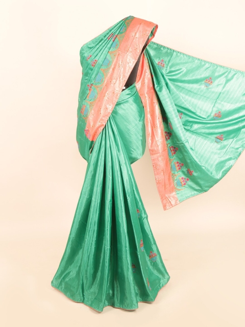 Pothys Turquoise Blue & Orange Floral Beads and Stones Jute Silk Saree