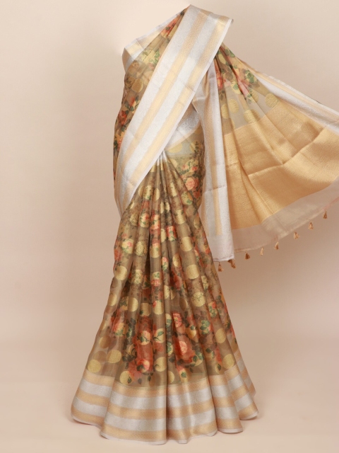 Pothys Beige & Green Floral Zari Art Silk Banarasi Saree