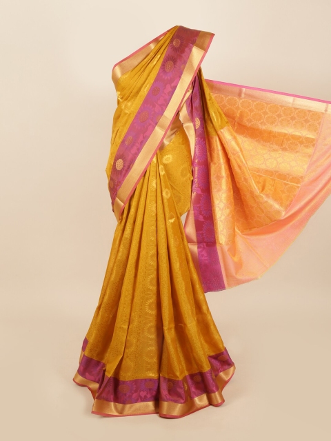 Pothys Mustard Yellow & Pink Woven Design Silk Blend Saree