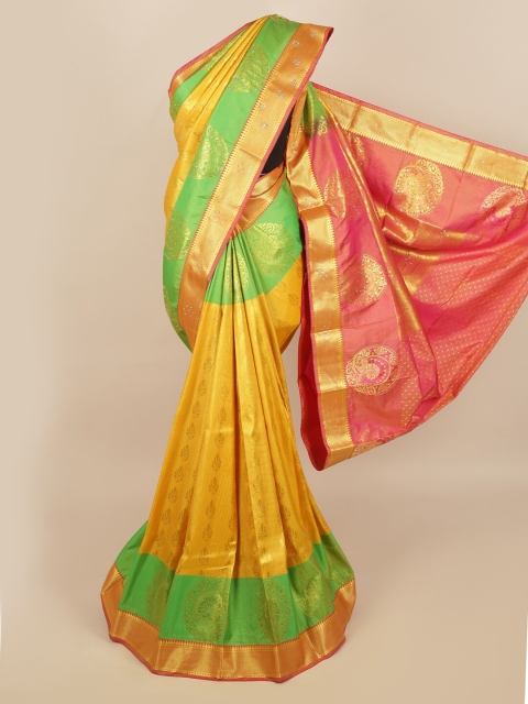 Pothys Yellow & Green Woven Design Silk Blend Saree