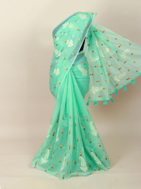 Pothys Sea Green & White Floral Saree