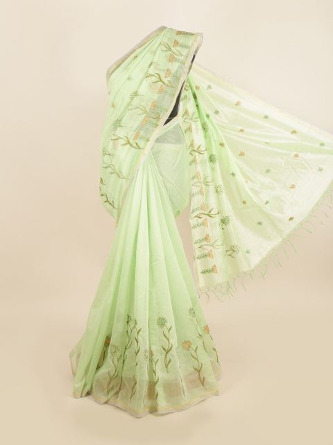 Pothys Green & Brown Floral Supernet Saree
