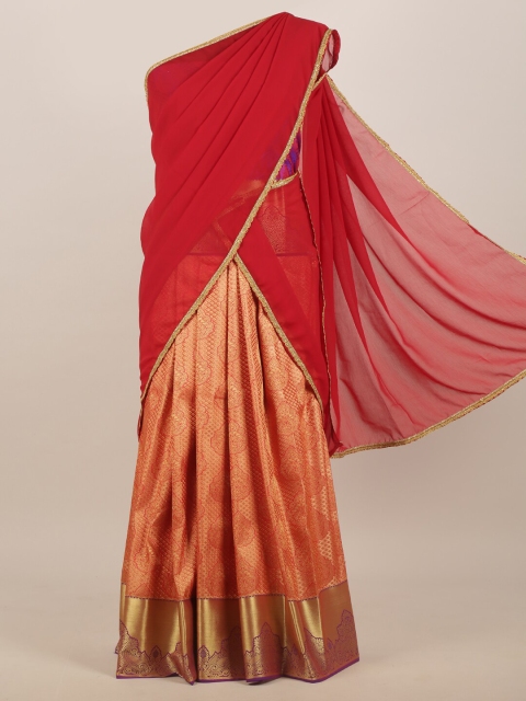 Pothys Women Red & Peach Ethnic Motifs Half & Half Saree