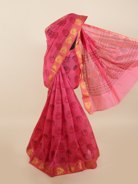 Pothys Pink & Maroon Ethnic Motifs Zari Silk Cotton Saree