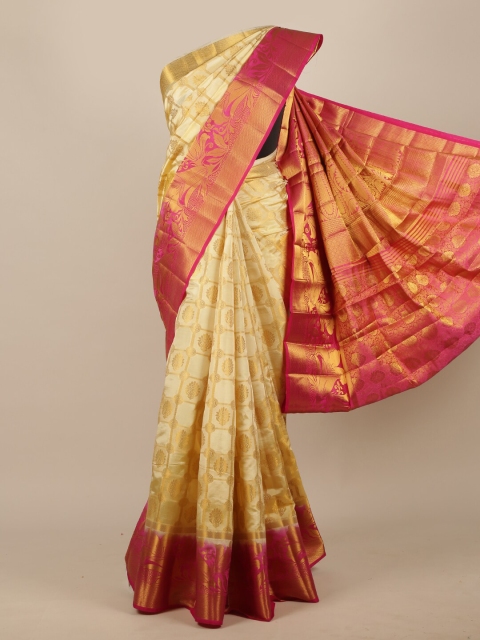 Pothys Cream-Coloured & Gold-Toned Woven Design Jute Silk Saree