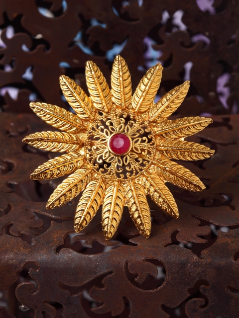 Shining Diva Women Gold-Plated Magenta Pink Stone-Studded Adjustable Finger Ring