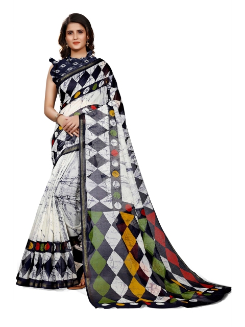 KALINI White & Blue Geometric Printed Saree