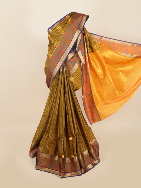Pothys Olive Green & Blue Woven Design Zari Silk Blend Saree