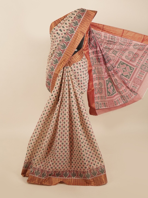 Pothys Cream-Coloured & Green Ethnic Motifs Saree
