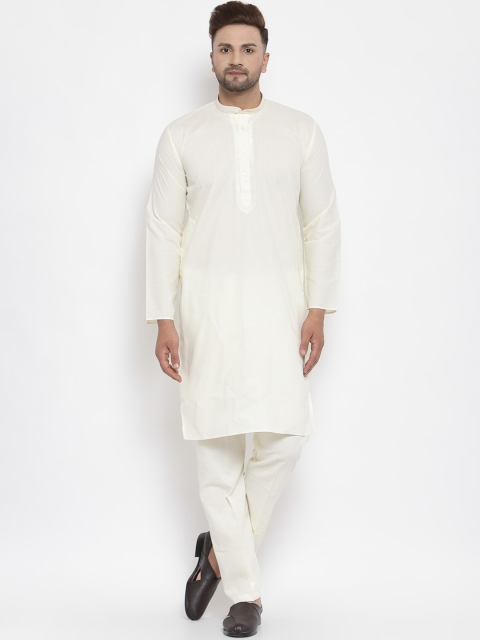 MAXENCE Men White Embroidered Linen Kurta with Pyjamas
