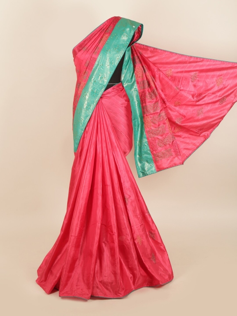 Pothys Pink & Sea Green Ethnic Motifs Beads and Stones Jute Silk Saree