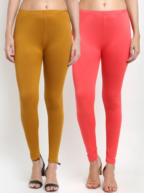 NEUDIS Women Pack Of 2 Solid Ankle-Length Leggings, Mustard