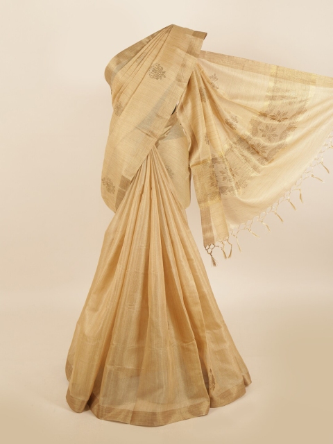 Pothys Cream-Coloured & Gold-Toned Floral Zari Jute Cotton Saree