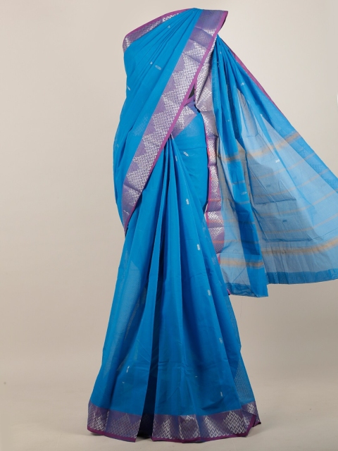 Pothys Turquoise Blue & Purple Woven Design Pure Cotton Saree