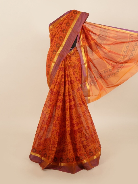 Pothys Orange & Purple Floral Silk Cotton Saree