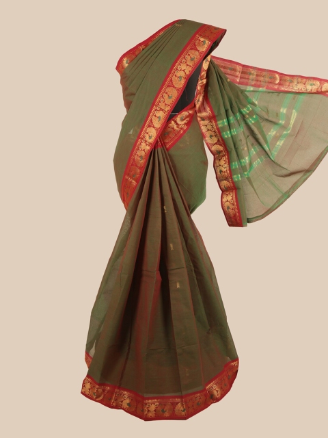Pothys Green & Red Zari Pure Cotton Saree