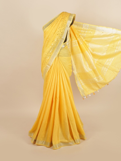 Pothys Yellow & Beige Embellished Mirror Work Linen Blend Saree