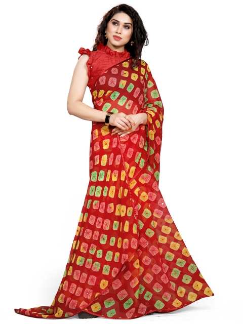 Mirchi Fashion Red & Green Block Print Saree