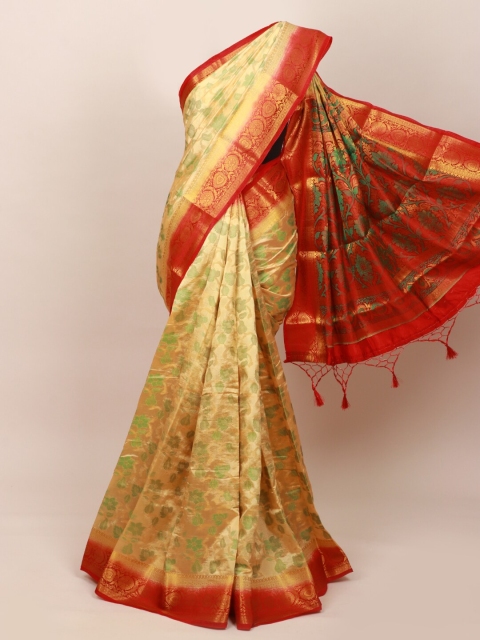 Pothys Cream-Coloured & Red Woven Design Zari Art Silk Saree