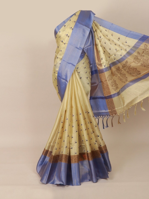 Pothys Cream-Coloured & Lavender Floral Embroidered Tissue Saree