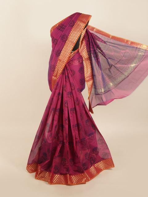 Pothys Violet & Orange Ethnic Motifs Silk Cotton Saree