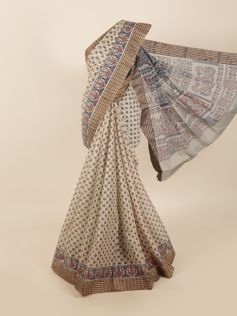 Pothys Cream-Coloured & Blue Ethnic Motifs Saree