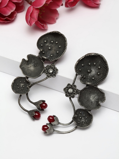 Moedbuille Gunmetal-Toned Silver-Plated Contemporary Jhumkas Earrings, Metallic