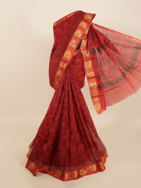 Pothys Maroon & Black Floral Zari Silk Cotton Saree