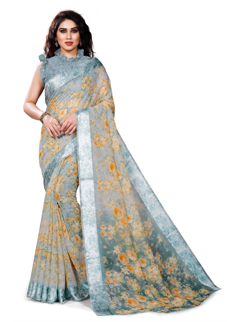 KALINI Grey & Orange Floral Bagh Saree
