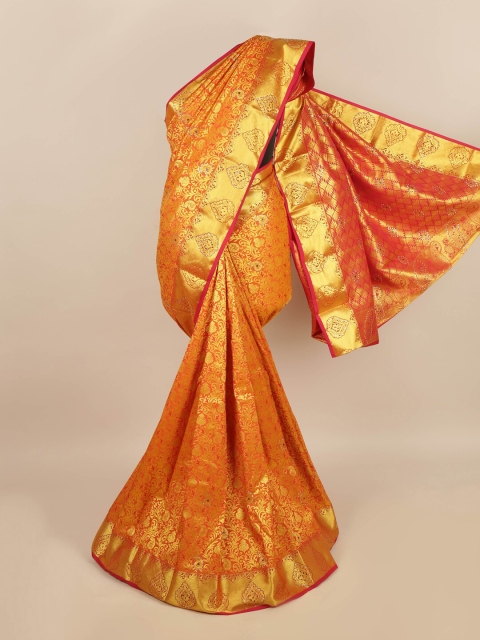 Pothys Orange & Gold-Toned Woven Design Silk Blend Saree