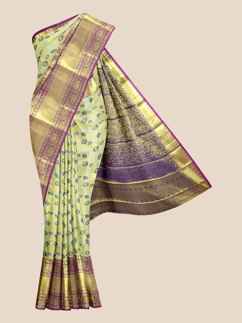 Kalamandir Yellow & Blue Ethnic Motifs Zari Kanjeevaram Saree