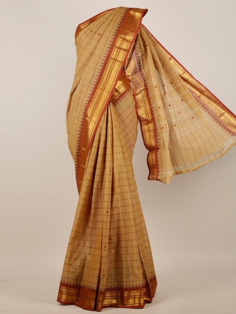Pothys Brown & Gold-Toned Checked Pure Cotton Saree