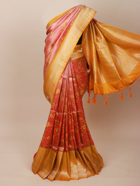 Pothys Pink & Yellow Floral Zari Art Silk Banarasi Saree