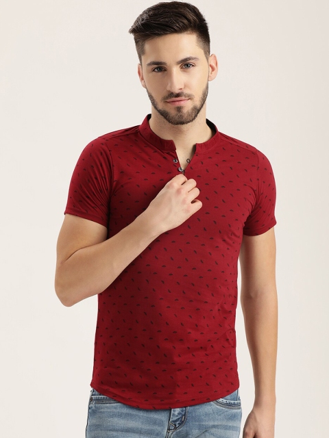 V2 Value & Variety Men Maroon Printed Henley Neck Slim Fit T-shirt