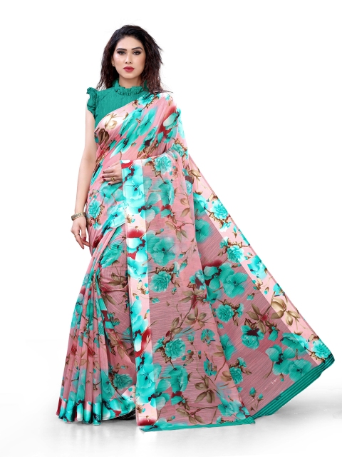 KALINI Peach-Coloured & Sea Green Floral Printed Saree