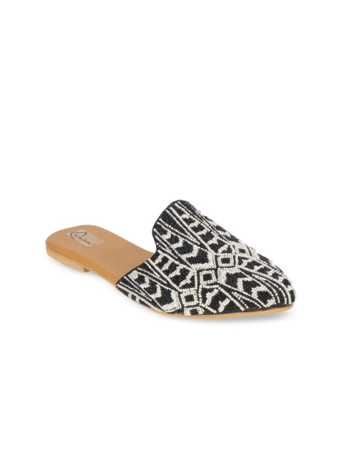 The Desi Dulhan Women Black and White Ethnic Embellished Handcrafted Mules Flats