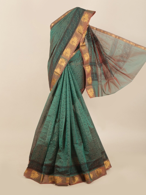 Pothys Green & Brown Ethnic Motifs Silk Cotton Saree